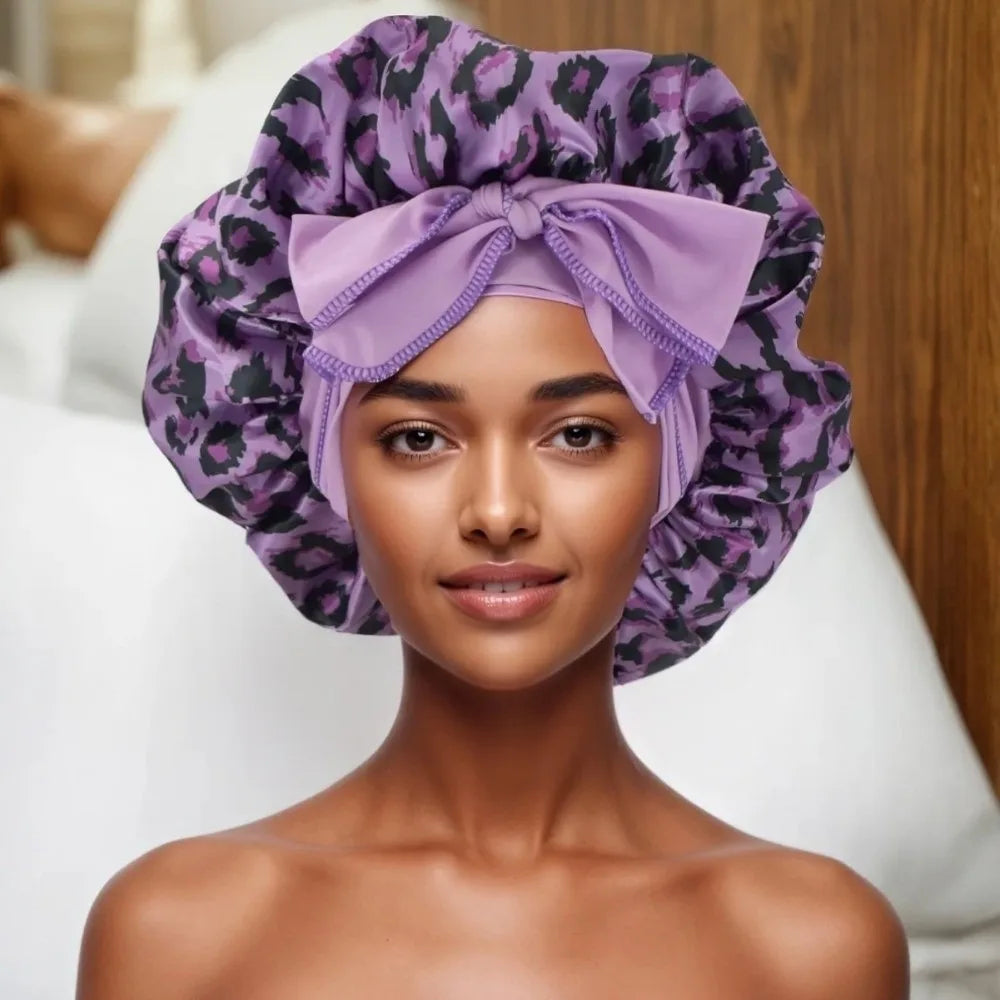 Satin Sleep Bonnet Leopard Print Bow Hair Cap – 5 Colors Satin Sleep Bonnet SWANS Purple