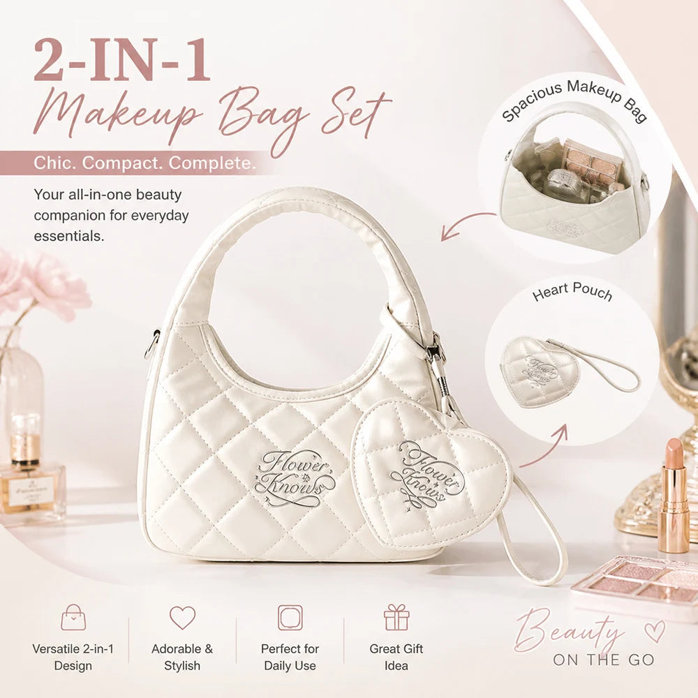 Flower Knows Diamond Heart Makeup Bag – PU Leather White Makeup Storage Bag SWANS 2 pcs