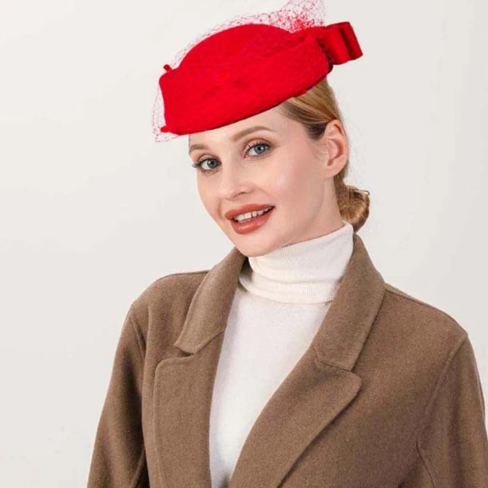 Women's Wool Fascinator Hat – Mesh Veil & Bowknot British Style Fascinator Hat SWANS Red