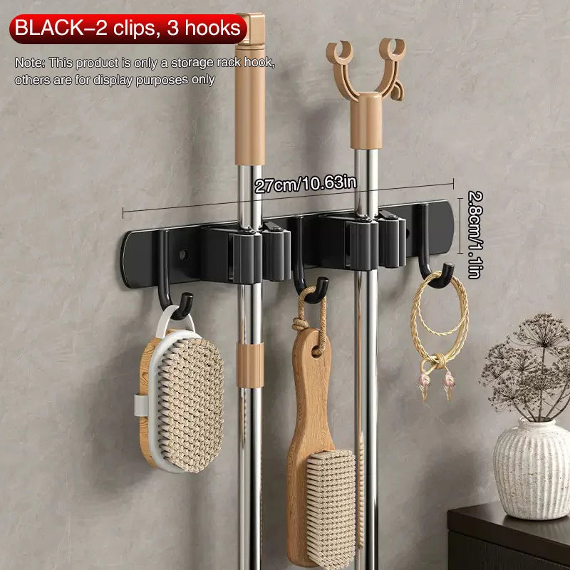 SWANS No-Drill Stainless Steel Mop & Broom Wall Organizer Wall Broom Organizer SWANS 2 clip 3 hooks BLACK M
