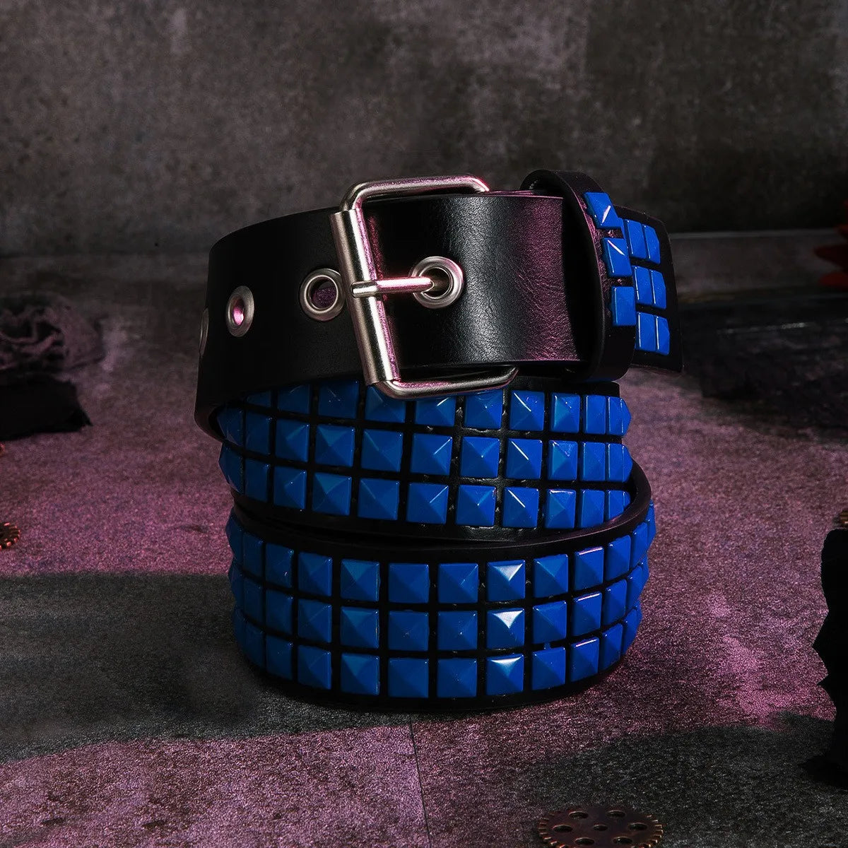Y2K Punk Rock Square Bead Rivet Belt – Unisex Metal Belt Punk Rivet Belt SWANS blue 110cm