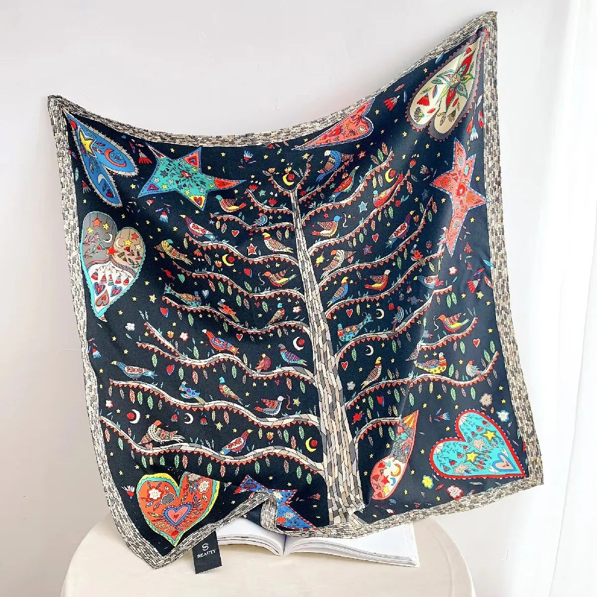 Geometric Satin Square Scarf – Silk Shawl & Bandana for Women Fashion Square Scarf SWANS Black
