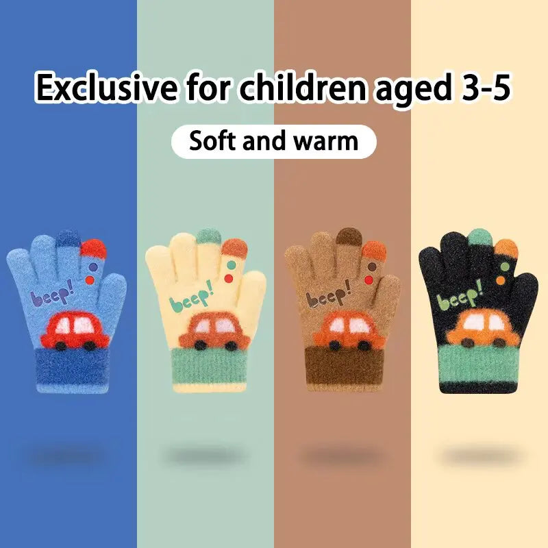 Kids Winter Knit Gloves Cartoon Car Design | Ages 3–7 Kids Winter Gloves SWANS