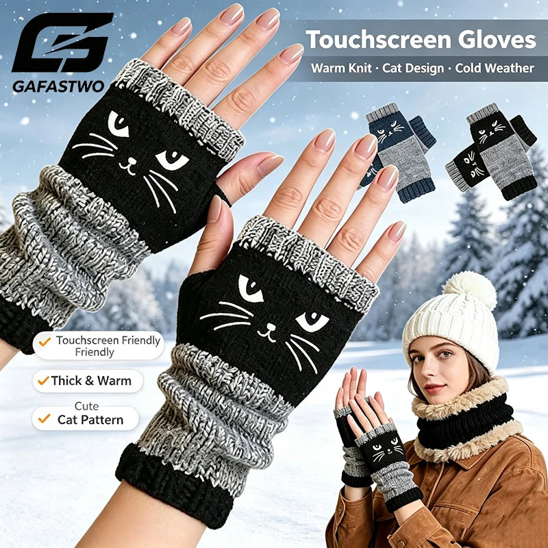 Cute Cat Fingerless Gloves – Thermal Touchscreen Mittens Fingerless Winter Gloves SWANS