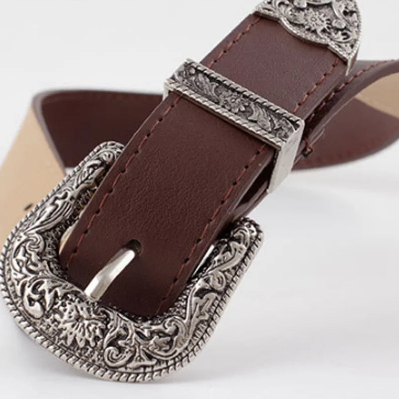 FAITOLAGI Women's Vintage Western Carved Pin Buckle PU Belt Women's Fashion Belt SWANS