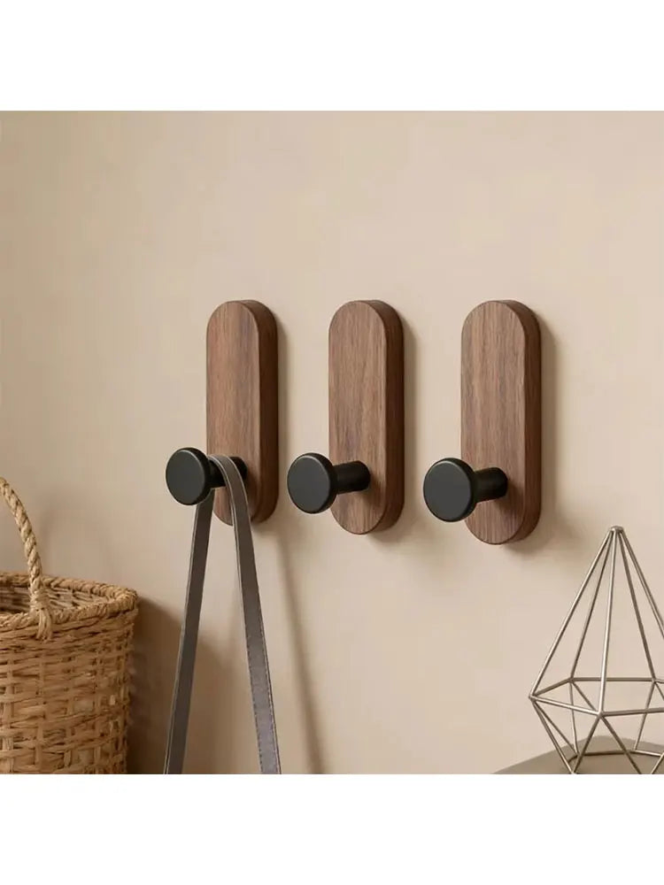 Self-Adhesive Walnut Wood Wall Hooks – No-Drill Organizer Wall Hooks Organizer SWANS