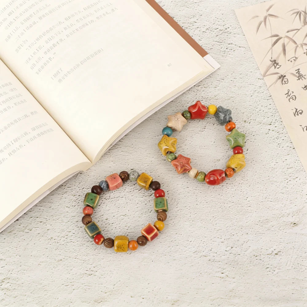 Adjustable Ceramic Boho Star Bead Bracelet – Handmade Ethnic Beaded Bracelet SWANS