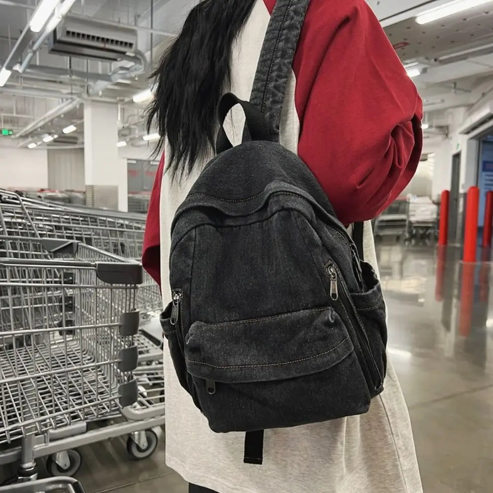 Vintage Washed Denim Backpack – Student Laptop & Travel Bag Denim Backpack SWANS