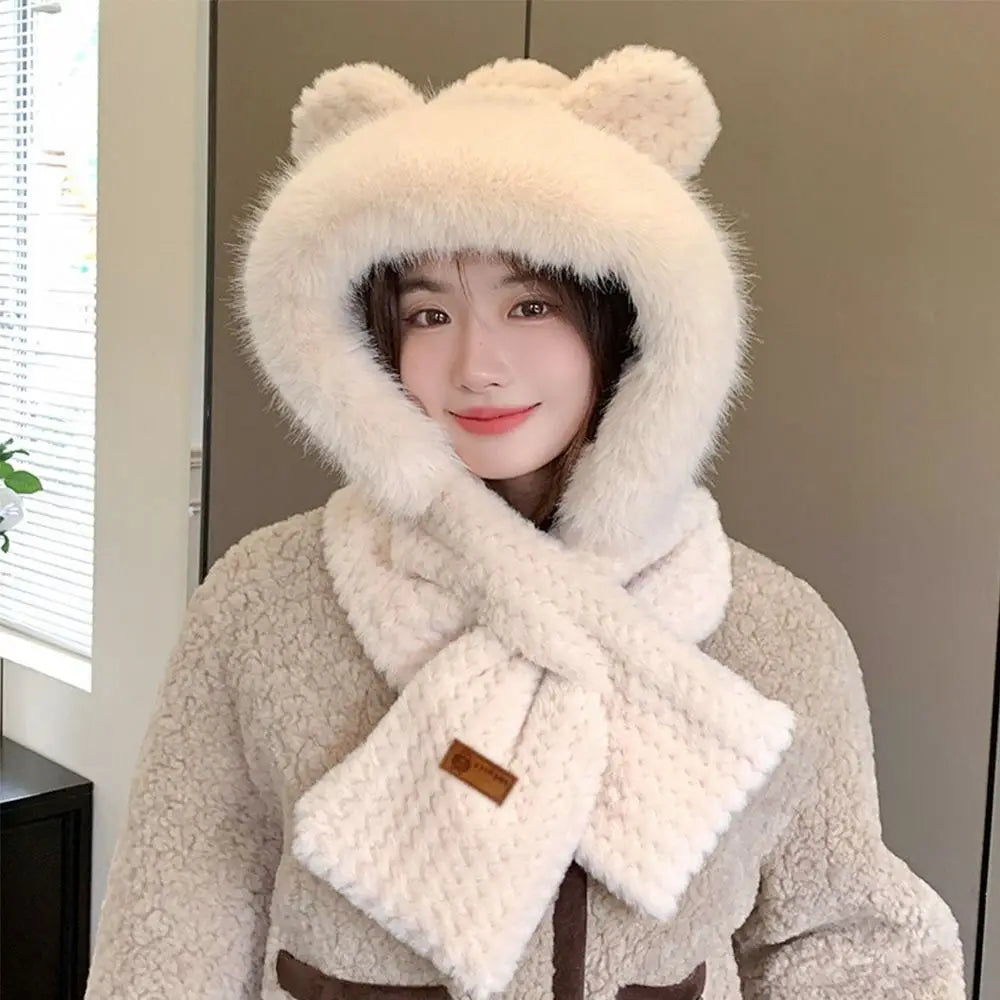 Women's Winter Windproof Hooded Cap & Scarf Set – Warm Soft Winter Hat Scarf Set SWANS Beige