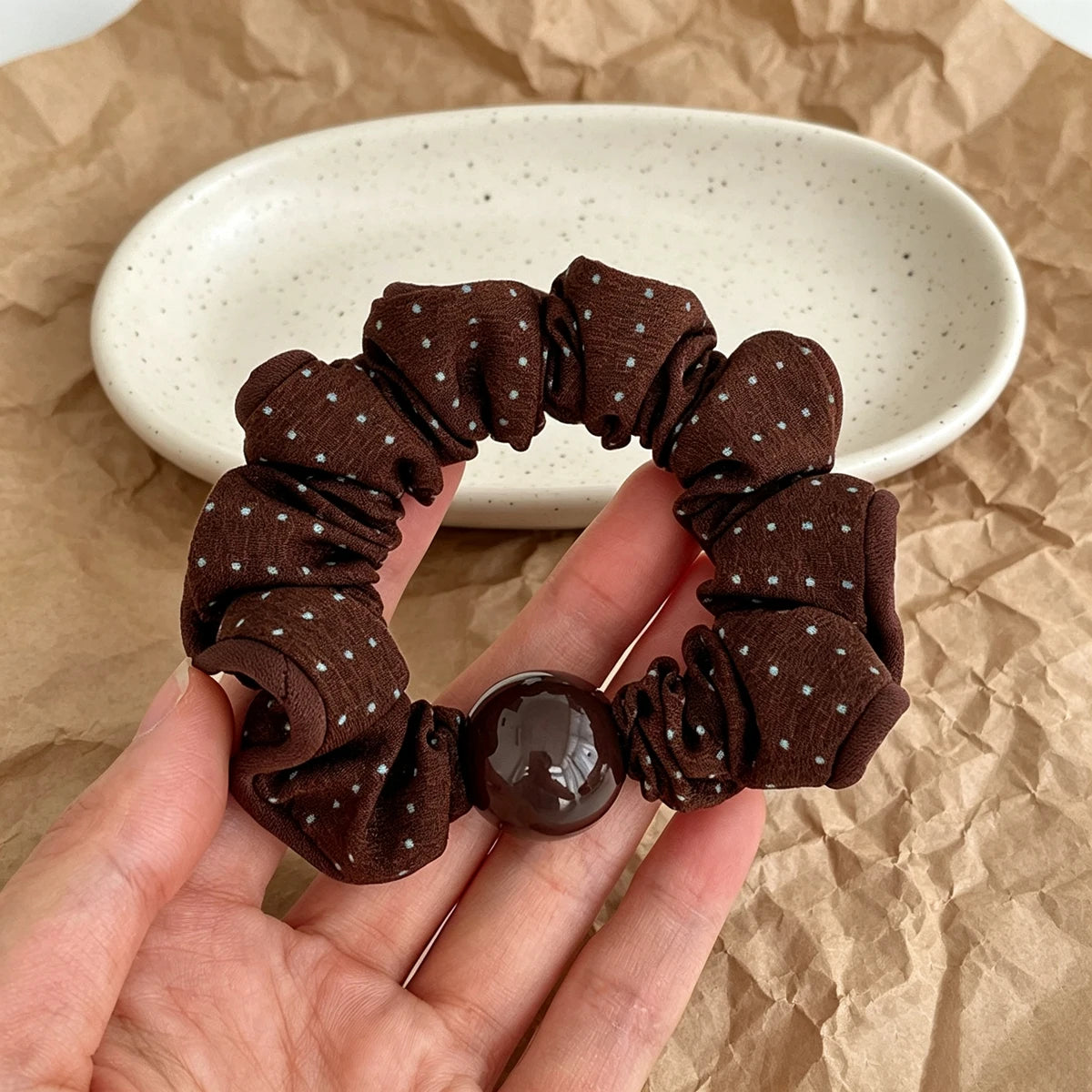 Vintage Leopard Polka Dot Scrunchies – Beaded Elastic Hair Ties Hair Scrunchies SWANS Polka Dot