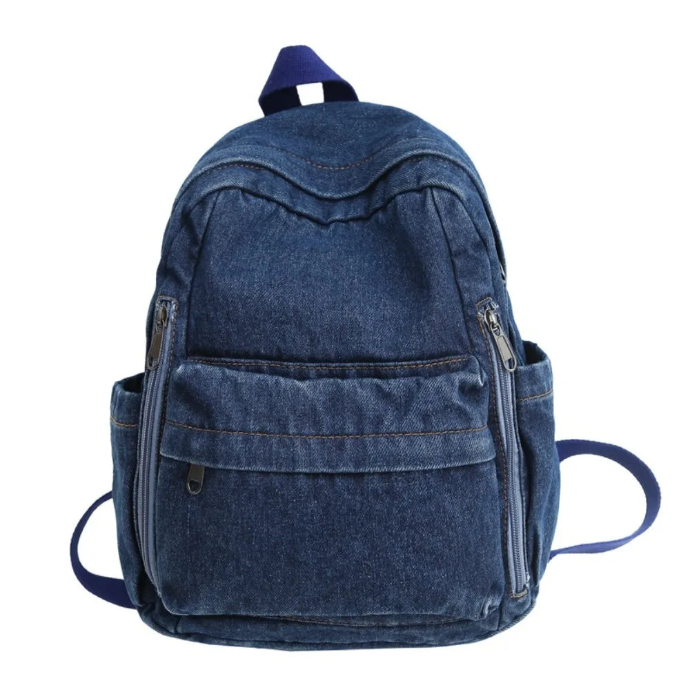 Vintage Washed Denim Backpack – Student Laptop & Travel Bag Denim Backpack SWANS 1 Dark Blue