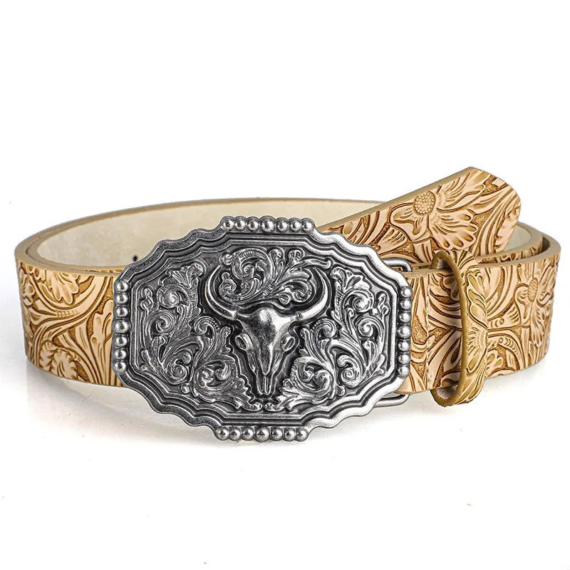 Western Cowboy Vintage Belt – Ox Head Buckle & Bohemian Print Western Fashion Belt SWANS