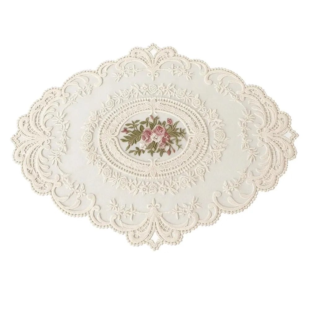 Oval Lace Embroidered Coaster – European Vintage Table Mat Lace Table Coaster SWANS Beige 38-29cm