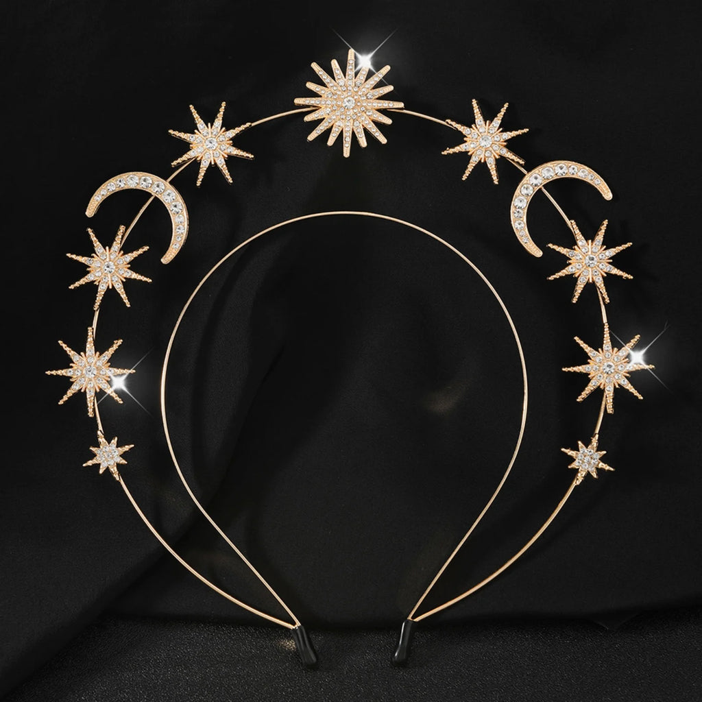 Rhinestone Celestial Headband – Sun Moon Star Halo Tiara Rhinestone Hair Headband SWANS