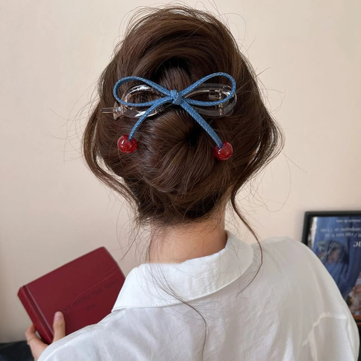 Cherry Blue Bow Hair Clip – Transparent Claw for Women Hair Claw Clip SWANS denim bow