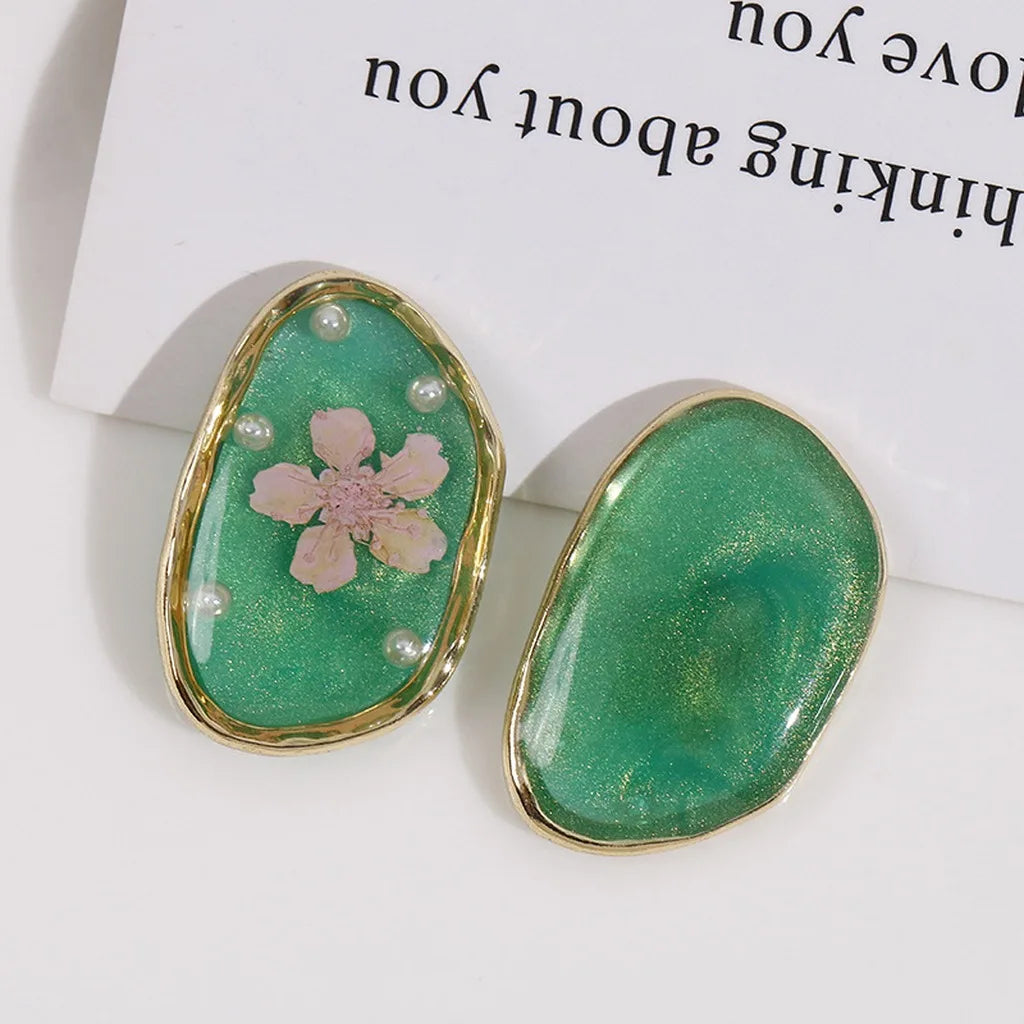 Oval Resin Dried Flower Earring Finding – DIY Jewelry Component Earring Finding SWANS Pearl Green Pink