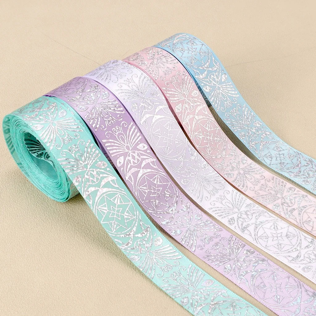 Satin Ribbon Silver Printed Octagon – 5 Yards, 5 Colors Decorative Craft Ribbon SWANS