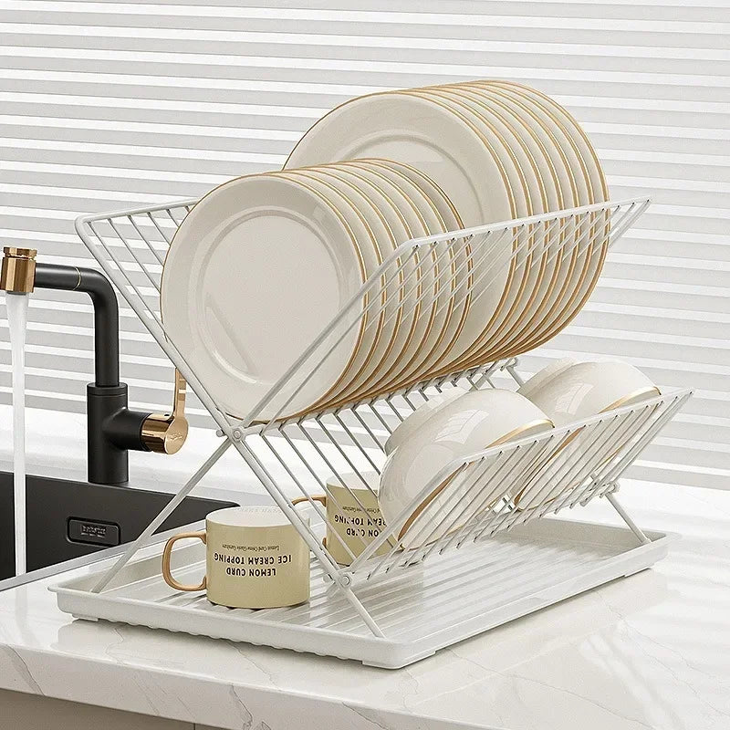 SWANS 2-Tier Folding Stainless Steel Dish Drying Rack & Tray Dish Drying Rack SWANS White
