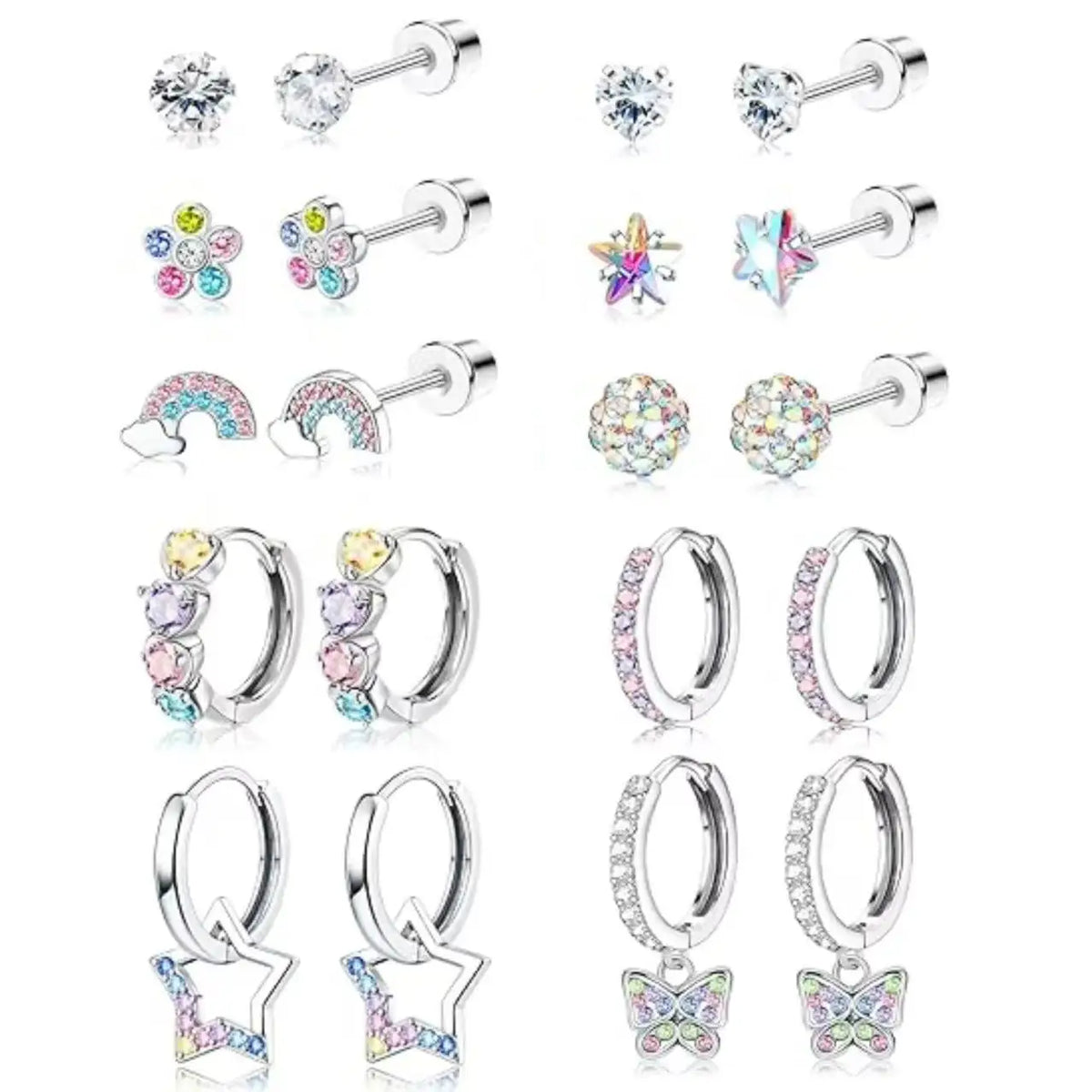 SWANS 10-Pair Hypoallergenic CZ Screw Back Earrings for Kids CZ Stud Earrings Set SWANS White