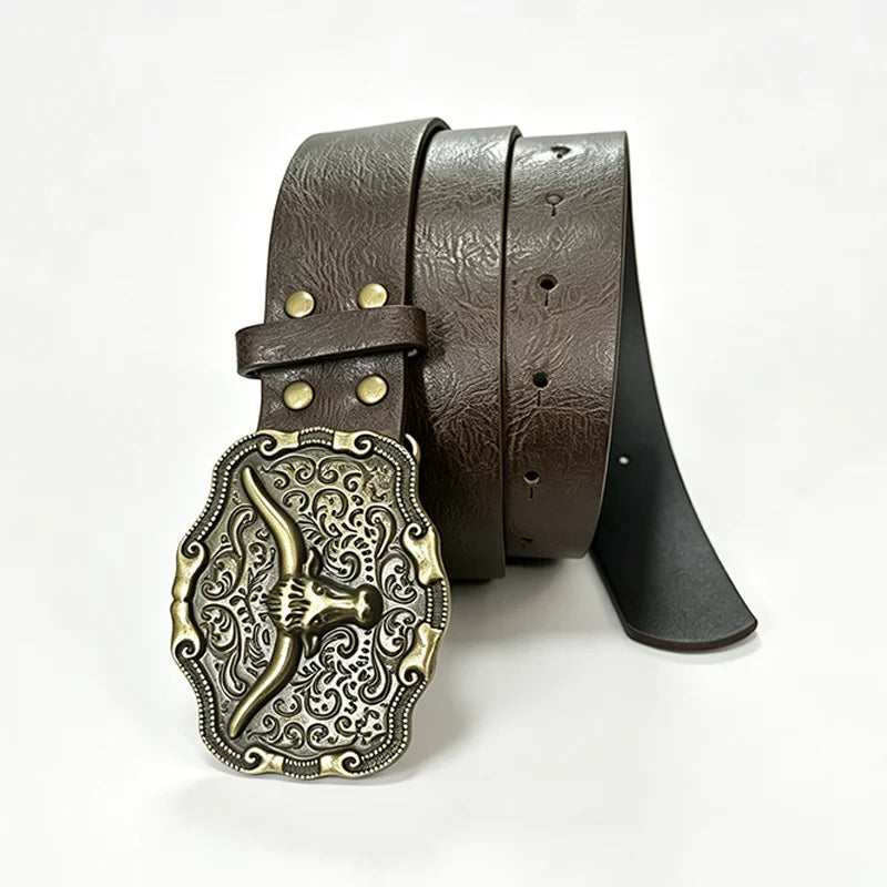 Western Cowboy PU Leather Belt – Bull Head Buckle Unisex Leather Belt SWANS
