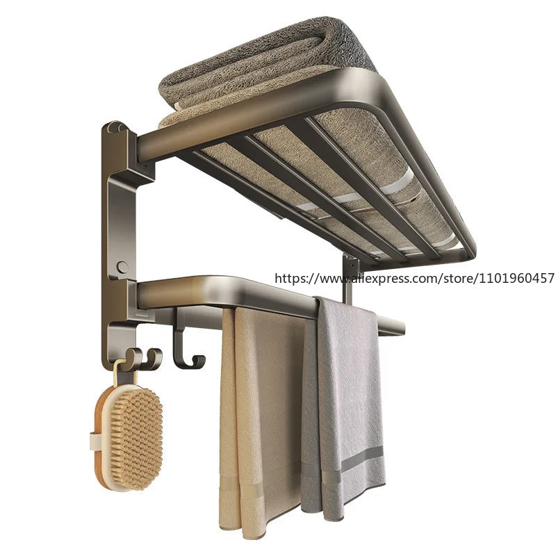 SWANS No-Drill Folding Towel Holder – Space Aluminum Double Bar Towel Holder Rack SWANS