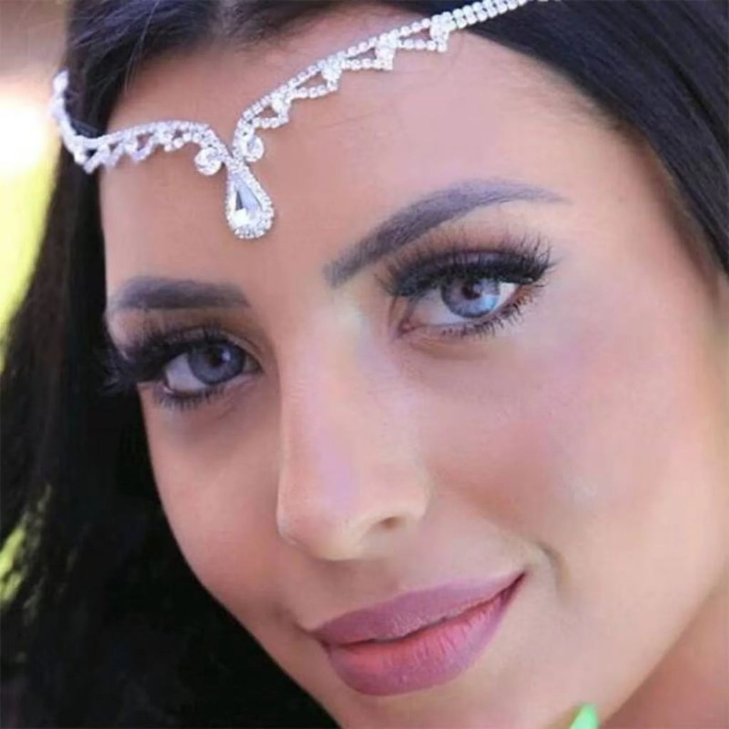 Silver Rhinestone Bridal Headband – Boho Crystal Forehead Piece Bridal Hair Accessory SWANS