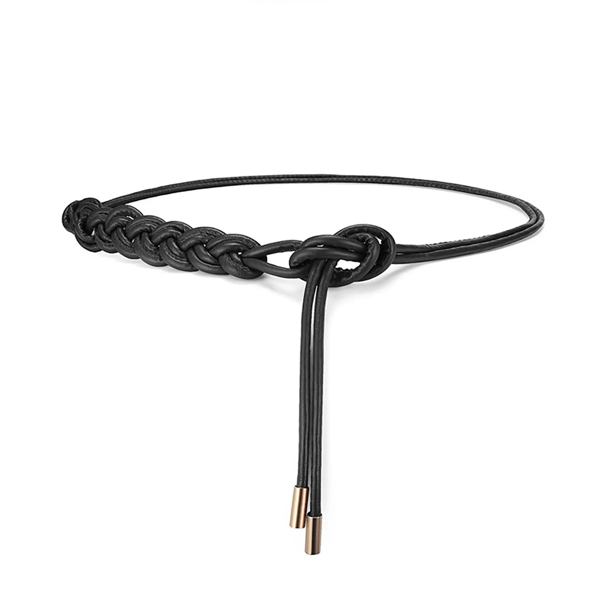 Women's Thin PU Leather Knit Waist Belt – Adjustable Cord Women's Waist Belt SWANS black One Size