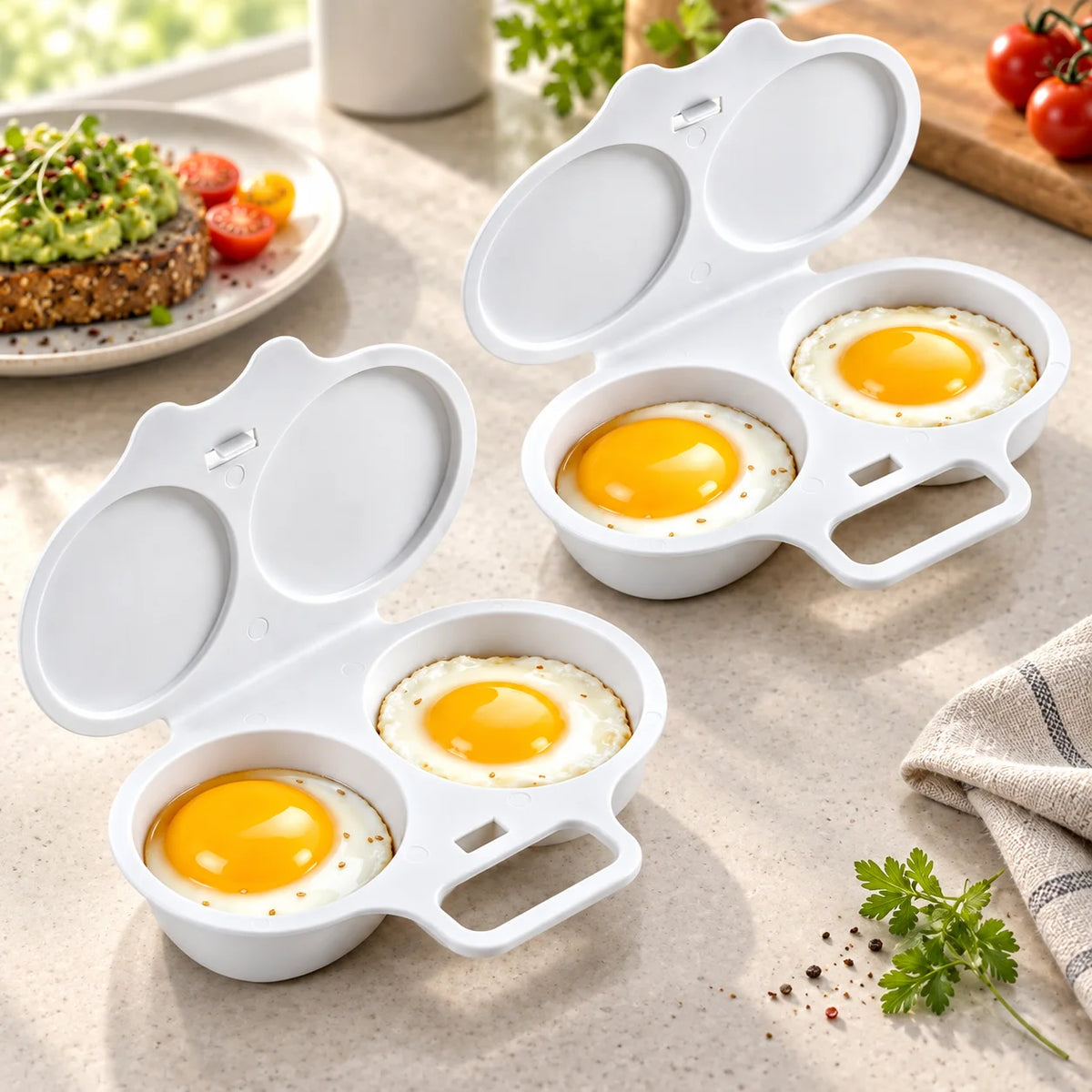 SWANS Microwave Egg Poacher Dual Cavity Cooker with Lid Microwave Egg Poacher SWANS White-2pcs