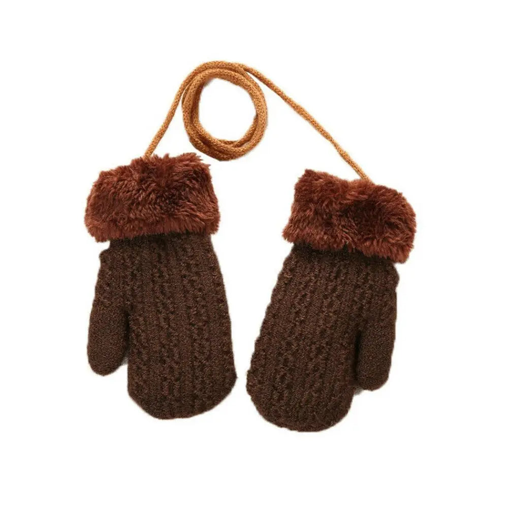 Kids Winter Knit Faux Fur Mittens Hanging Neck Gloves Ages 1–4 Kids Winter Mittens SWANS coffee