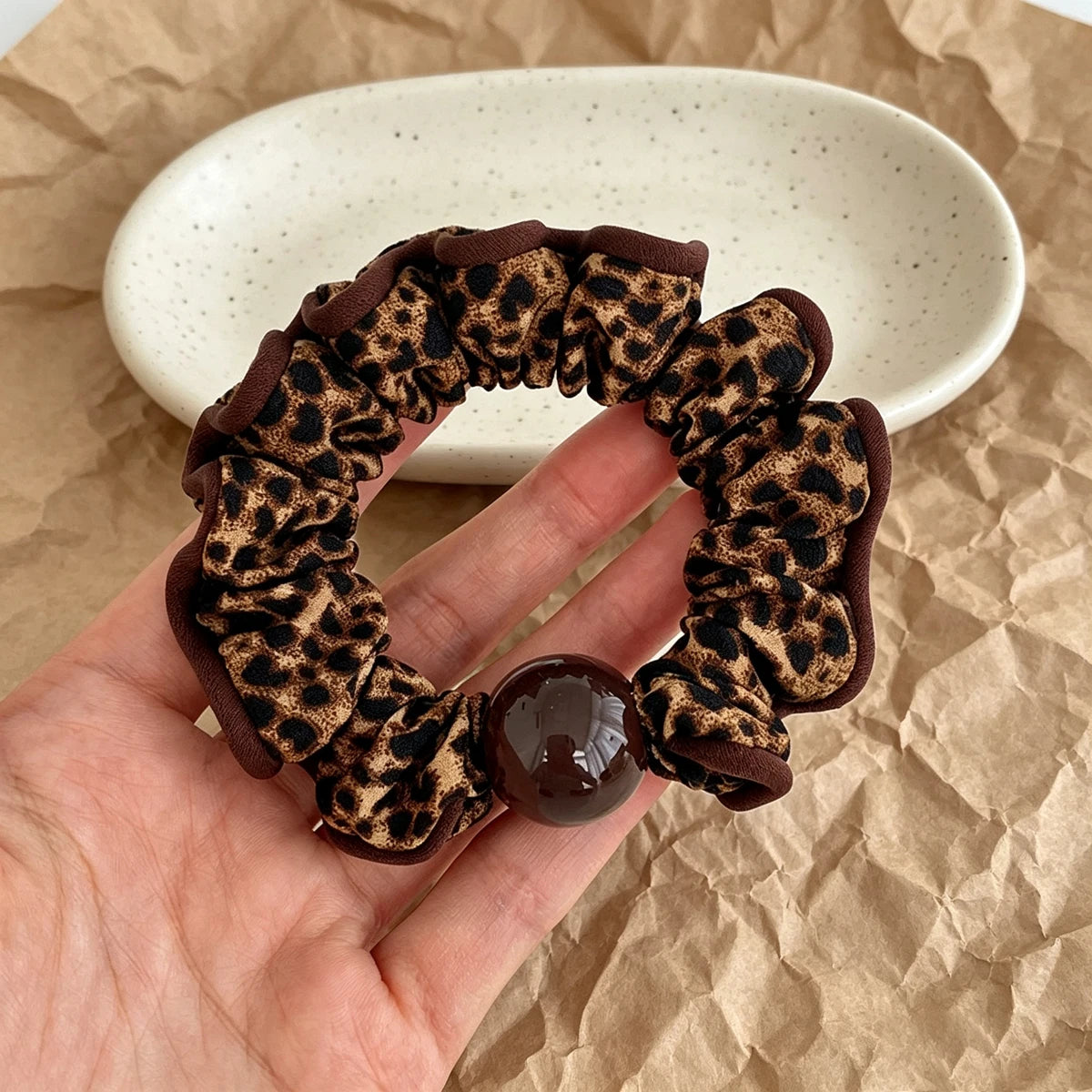 Vintage Leopard Polka Dot Scrunchies – Beaded Elastic Hair Ties Hair Scrunchies SWANS Leopard Print