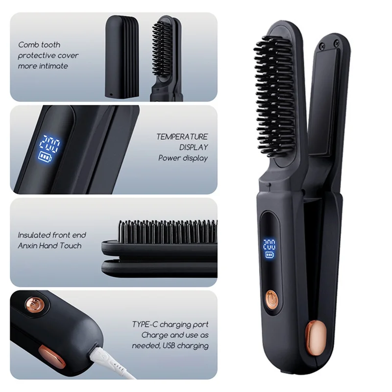 2-in-1 Portable Hair Straightening Brush | Digital Anti-Scald Hair Straightening Brush SWANS