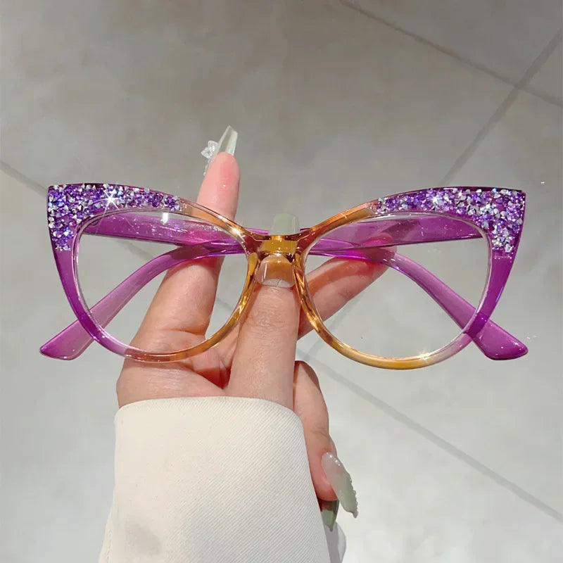 TOYEARN Blue Light Cat Eye Glasses – Bling Diamond Oversized Blue Light Eyeglasses SWANS Purple Tea