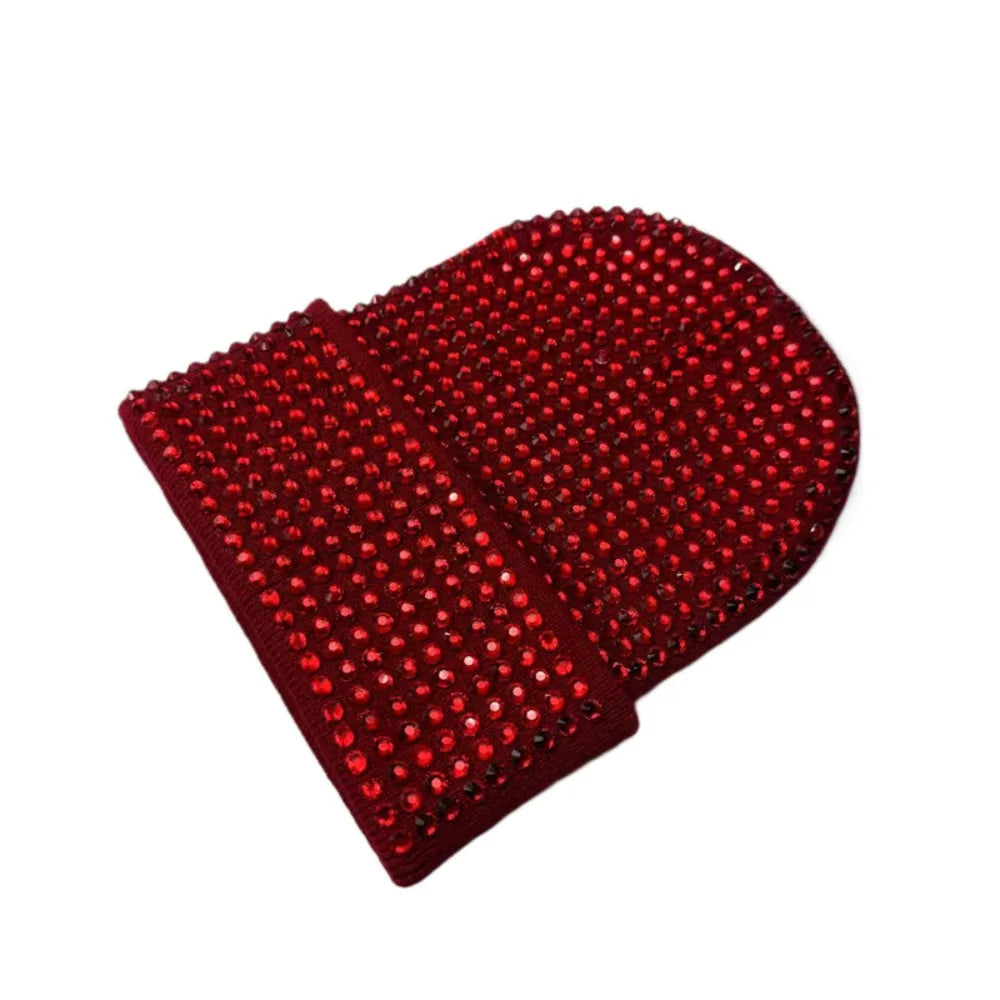 Y2K Rhinestone Knit Beanie Hat – Stretchy Shiny Cap Men & Women Knit Beanie Hat SWANS Red