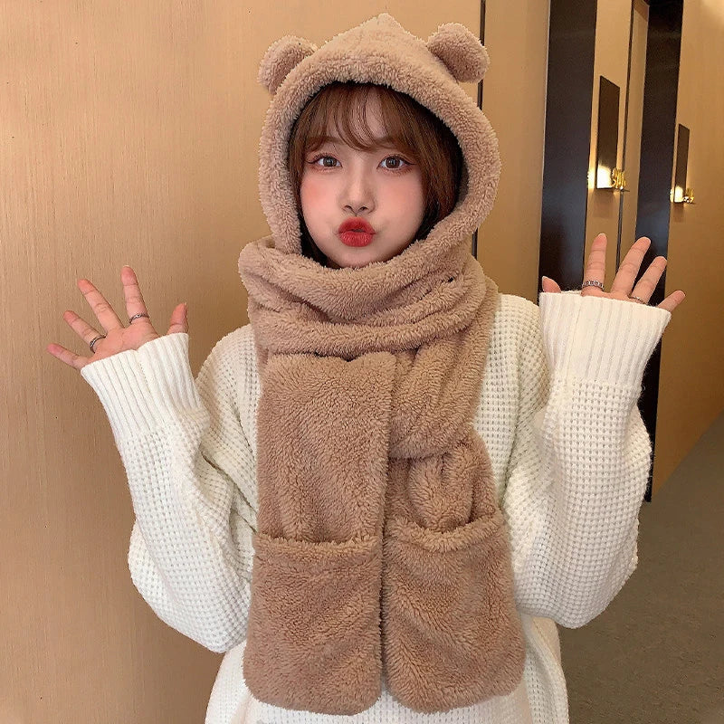 FAITOLAGI Cartoon Bear Plush Winter Hat Scarf Gloves Set Winter Hat Set SWANS A Style camel