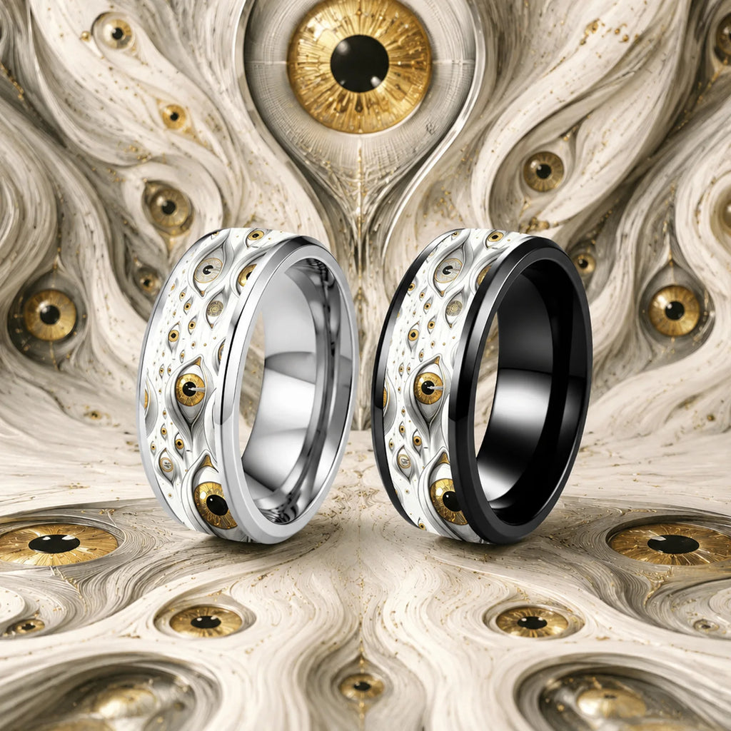 2-Piece 8MM Eye of Truth Stainless Steel Ring Set | Black & White Stainless Steel Ring Set SWANS