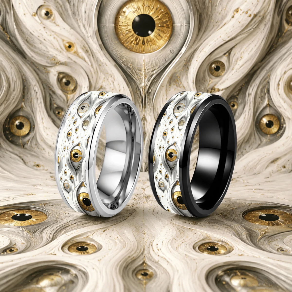 2-Piece 8MM Eye of Truth Stainless Steel Ring Set | Black & White Stainless Steel Ring Set SWANS