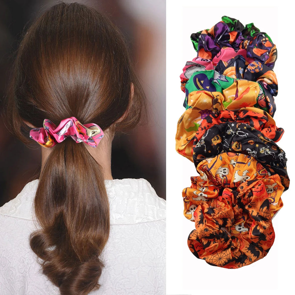 5-Pack Halloween Hair Scrunchies – Pumpkin Ghost Skeleton Hair Scrunchies Set SWANS