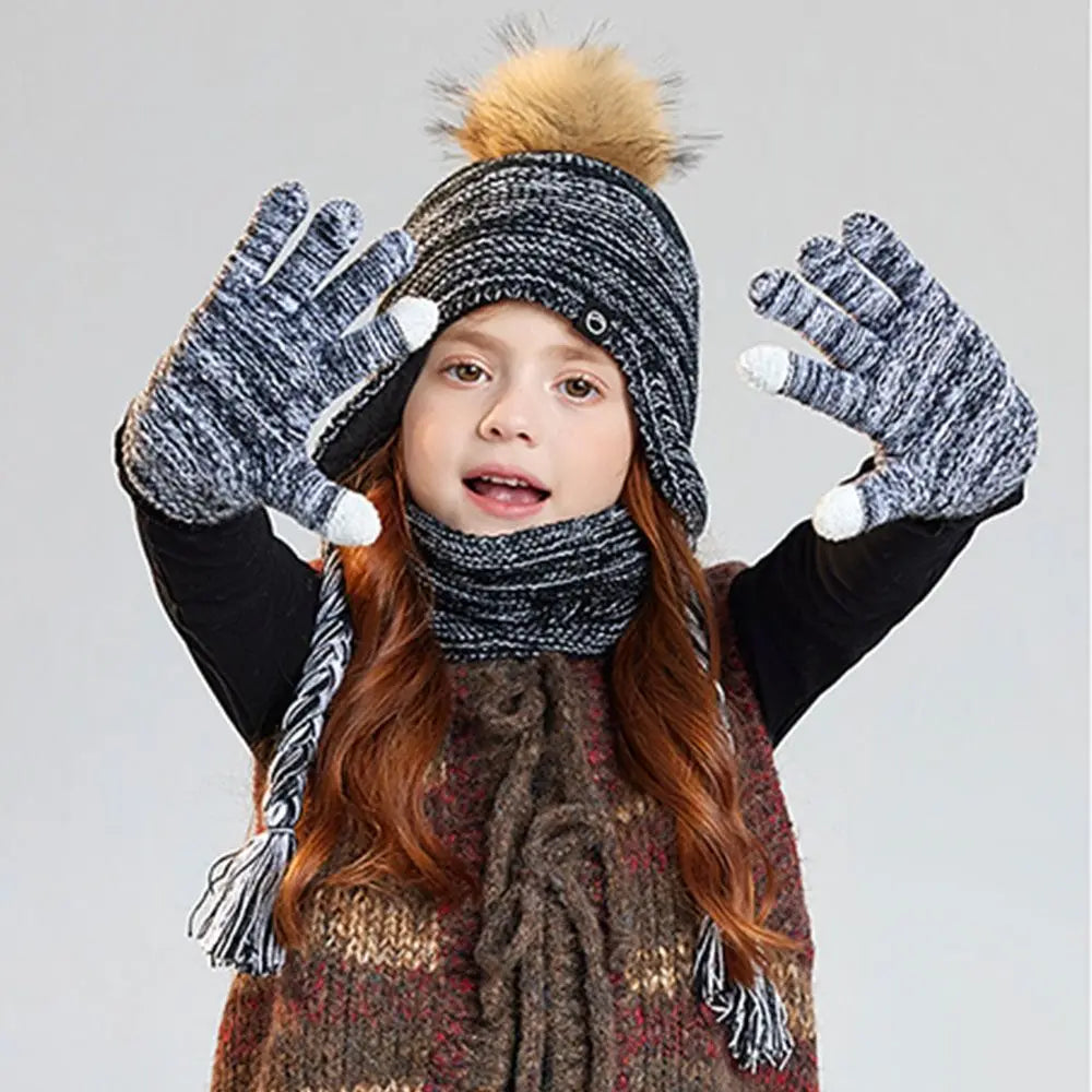 Kids Winter Hat Scarf & Gloves Set – Pompom Knit Beanie Kids Winter Set SWANS