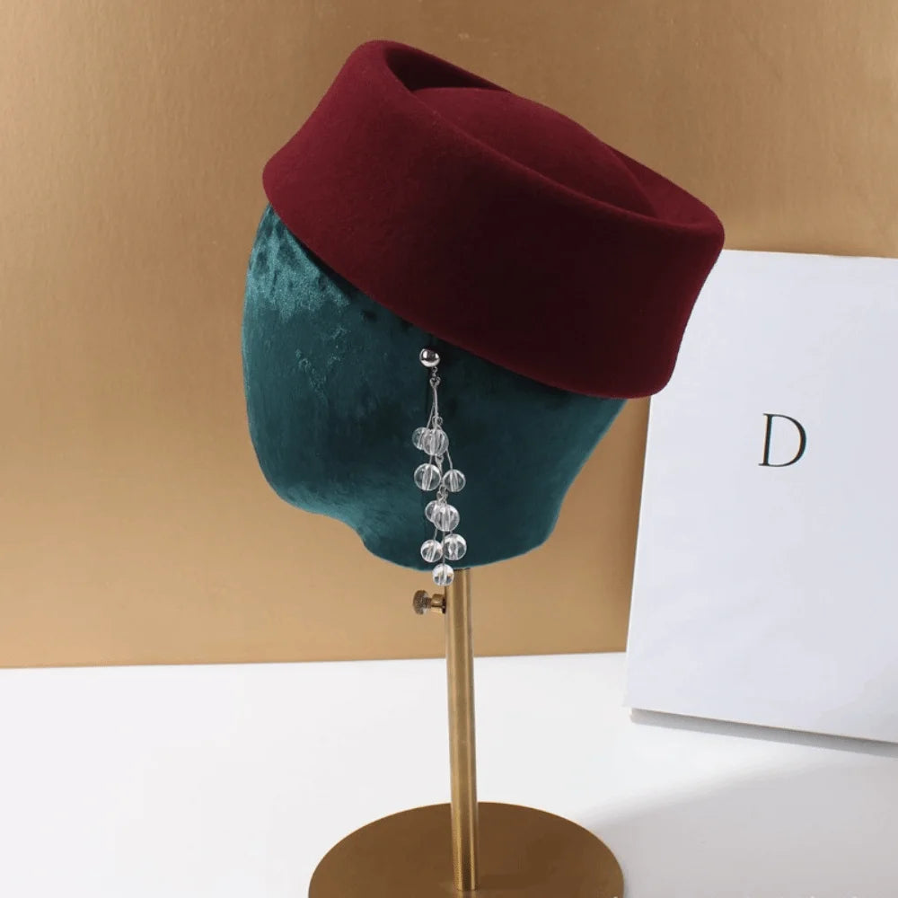 Women's Wool Felt Pillbox Beret – British Retro Fascinator Hat Pillbox Beret Hat SWANS Wine Red