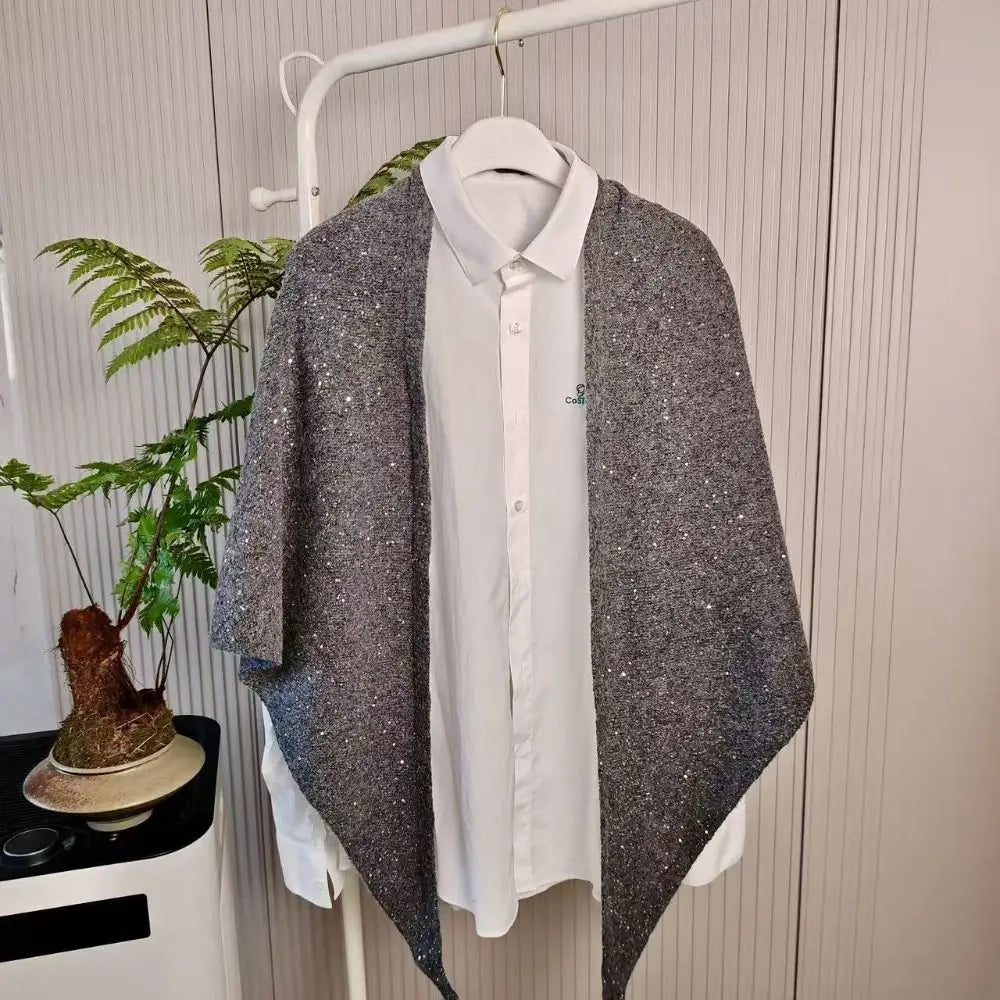 Women's Winter Sequin Triangular Shawl – Warm Knit Wrap Poncho Winter Shawl Wrap SWANS