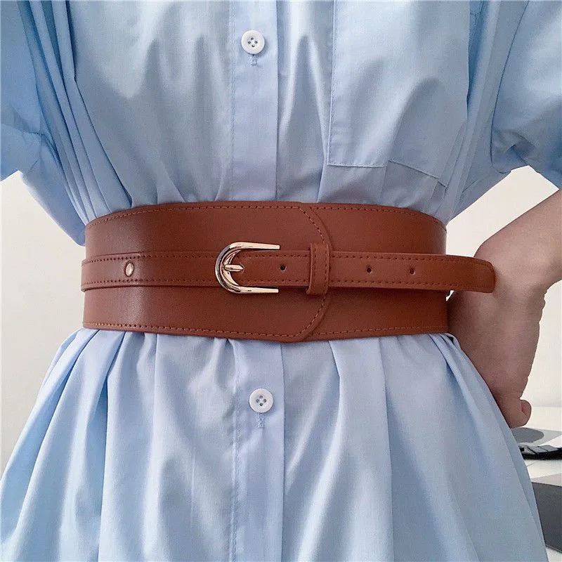 Women's PU Leather Wide Corset Belt – Elastic Waist Cincher Wide Corset Belt SWANS A Style brown 70cm