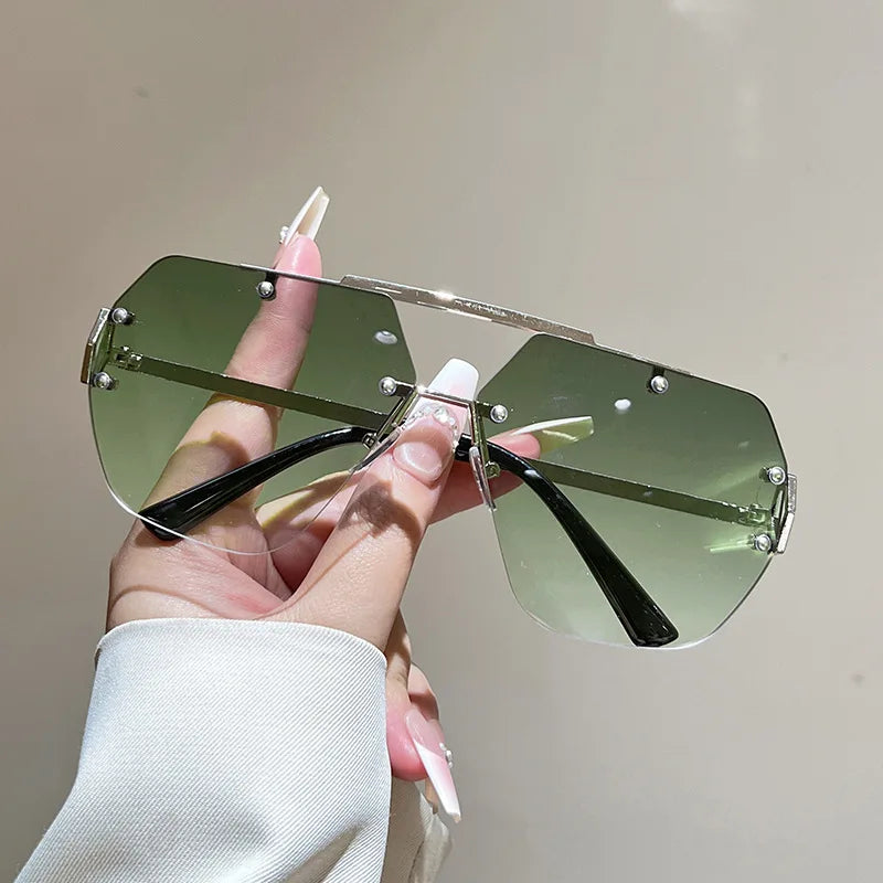 Y2K Rimless Pilot Sunglasses Double Bridge Rivet Metal Unisex Fashion Sunglasses SWANS Green