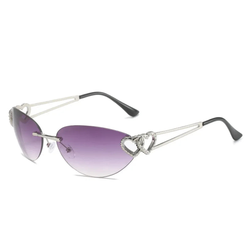 Y2K Rimless Double Heart Cat Eye Sunglasses UV400 Unisex Fashion Sunglasses SWANS Gray As the picture