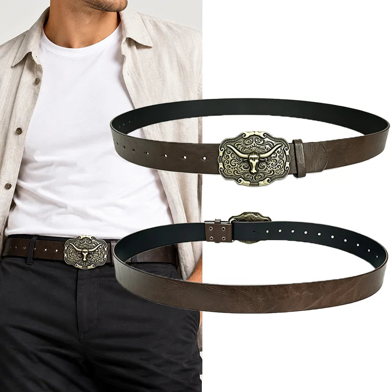 Western Cowboy PU Leather Belt – Bull Head Buckle Unisex Leather Belt SWANS