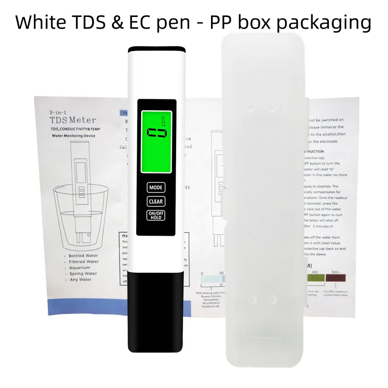 3-in-1 TDS EC Temperature Meter – Backlit LCD Water Tester Water Quality Meter SWANS White PP box