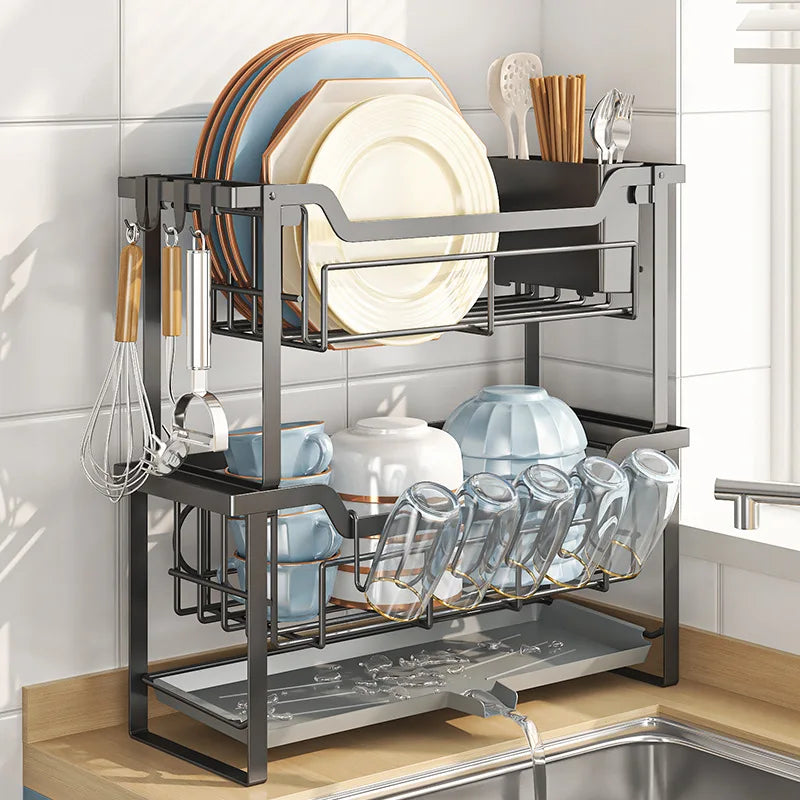 SWANS 2-Tier Dish Drying Rack with Drain Tray & Utensil Holder Dish Drying Rack SWANS