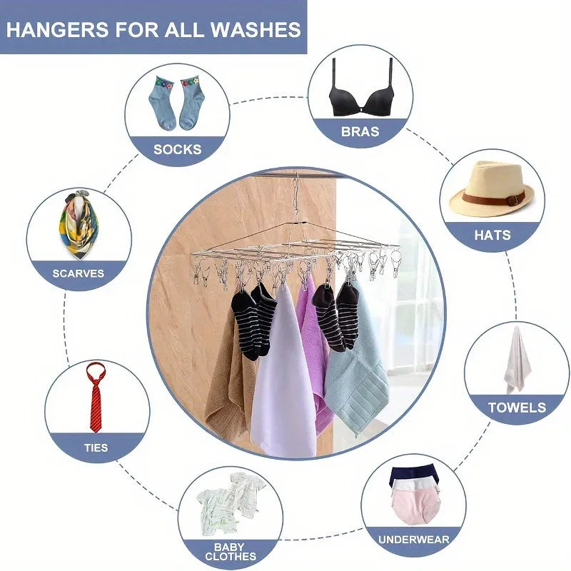 SWANS Stainless Steel Clothes Rack – 40 Windproof Drying Hooks Laundry Drying Rack SWANS