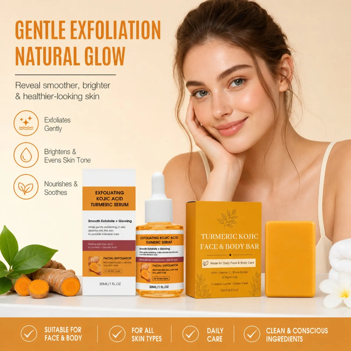 OceAura Turmeric Kojic Acid Exfoliating Serum & Soap Set Exfoliating Skincare Set SWANS