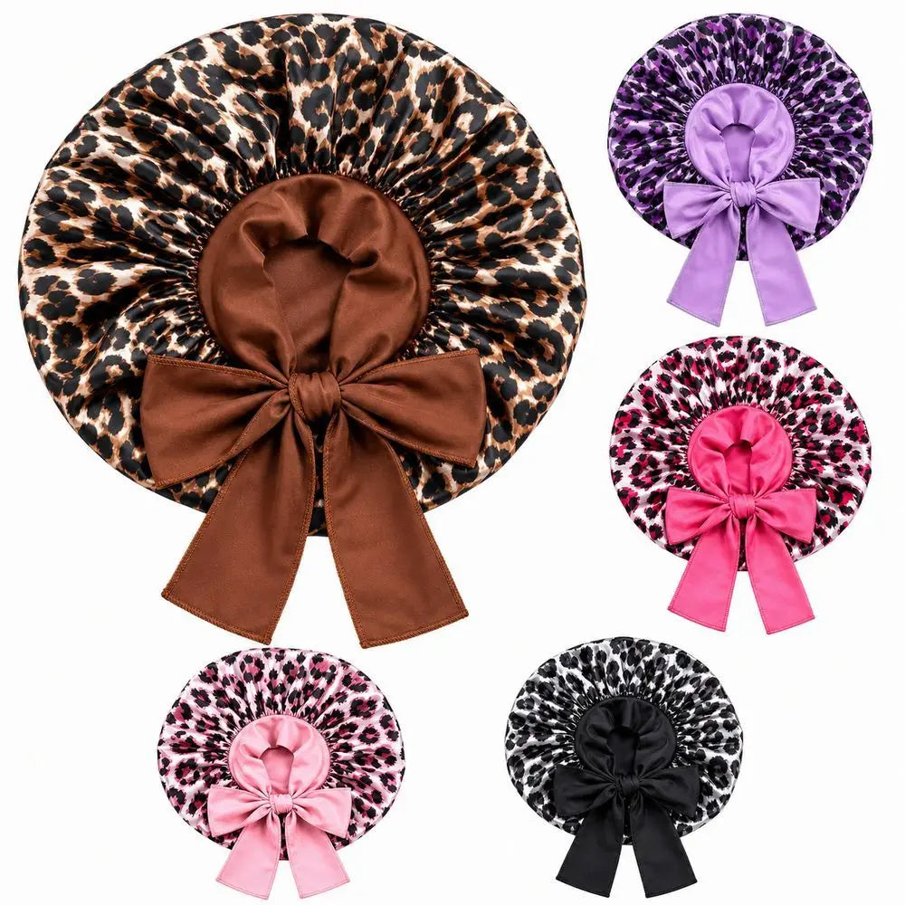 Satin Sleep Bonnet Leopard Print Bow Hair Cap – 5 Colors Satin Sleep Bonnet SWANS