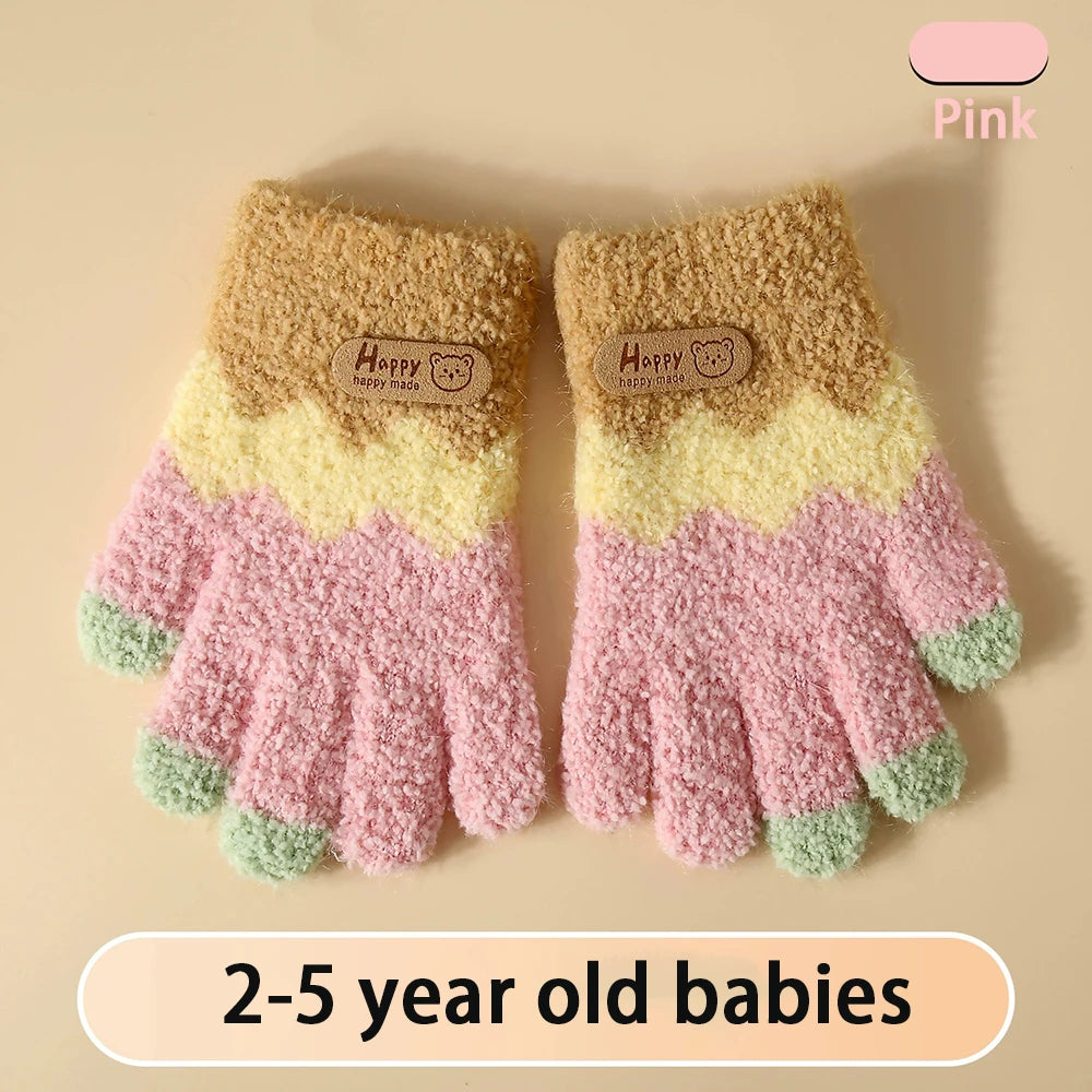 Kids Winter Knitted Gloves – Cute Teddy Bear Full Finger Warmth Kids Winter Gloves SWANS Pink